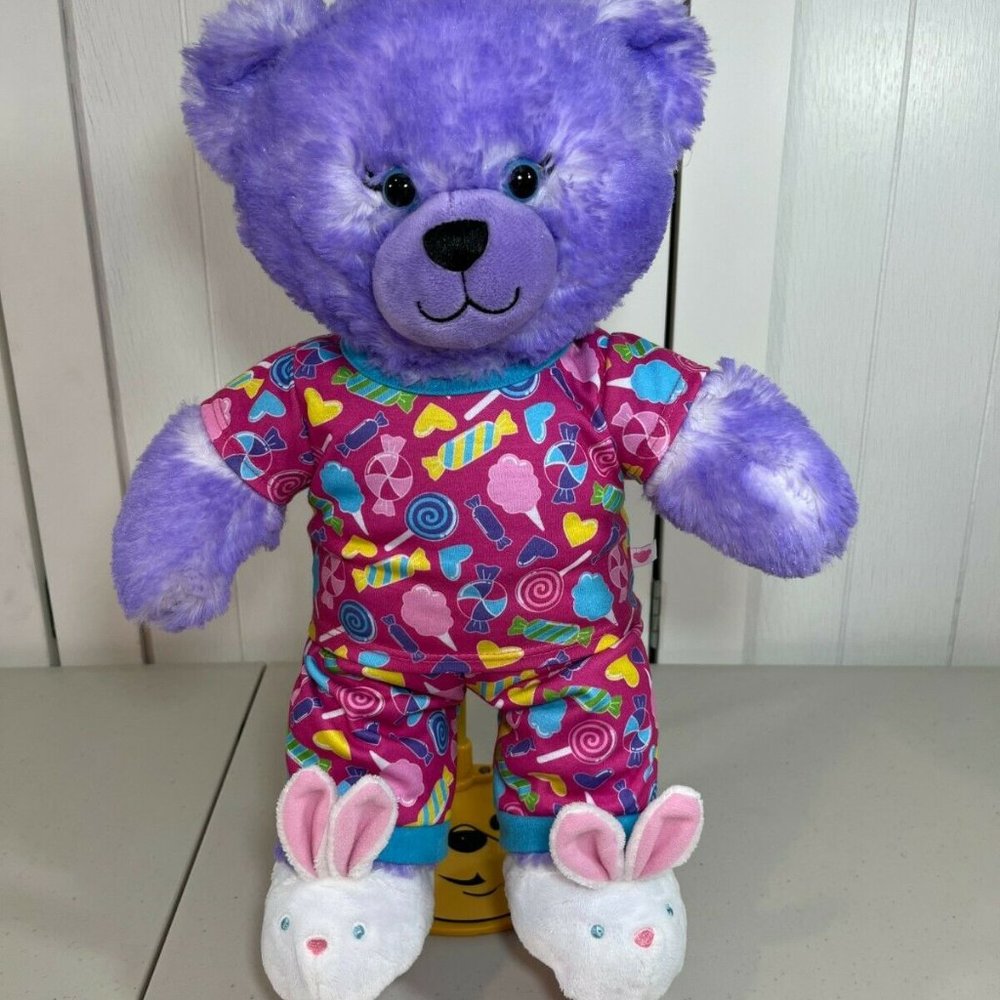 Build a Bear Candy Pop Purple Bear w/ Candy Theme Pajamas Bunny Slippers